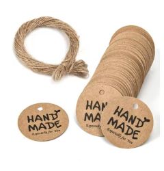 Runde hengelapper av kraftpapir med Hand Made-tekst inkl. jutetråd, 100 stk, Ø30 mm