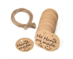 Hand made runde kraftpapir hengelapper med jutetråd, 100 stk, Ø30 mm