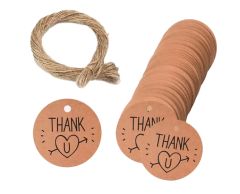 Thank U med hjerte rund kraftpapir hengelapp med jutetråd, 100 stk, Ø30 mm
