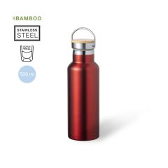 Termoflaske i metallisk farge med bambuslokk og bærehåndtak