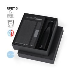 Gavesett med termoflaske, notatbok og kulepenn av resirkulerte materialer