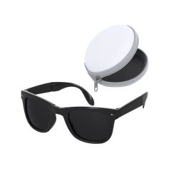 Sammenleggbare sorte solbriller av resirkulert plast inkl. rundt PU brilleetui
