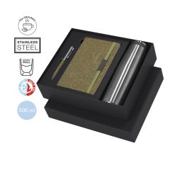 Unikt gavesett med tefiber notatbok, kulepenn og 500 ml termoflaske