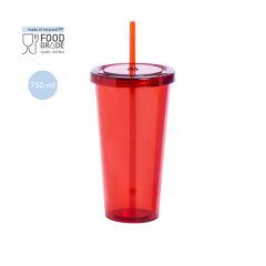 Gjennomsiktig plastkrus med matchende lokk og sugerør 750 ml