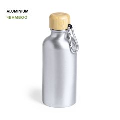 Drikkeflaske laget av aluminium og bambuslokk med karabinkrok