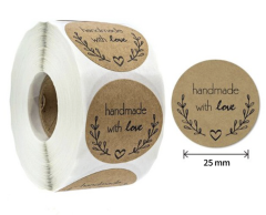 Handmade with love, klistremerker for håndlagde produkter, 25mm, 500 stk.