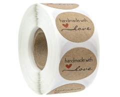 "Handmade with love" etiketter på rull, kraftpapir, 25mm, 500 stk.