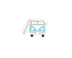 Blå campingbil med surfebrett pin