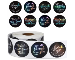 Svarte "Thank you", sølv holo, 6 typer, 500 stk, 38mm