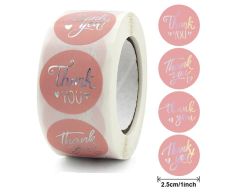 Thank you klistremerker, rosa med sølvhologram, 500 stk, 38mm
