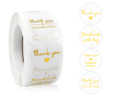 Thank you / Handmade with love klistremerker, hvitt og gull, 500 stk, 25mm