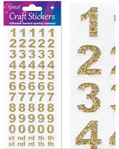 Gullglitter nummer klistremerker 0-9 på ark