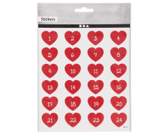 Hjerte kalendertall klistremerker 1-24