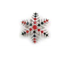 Jule snøfnugg med røde, grønne og hvite rhinsten brosje