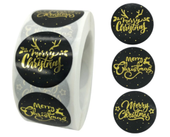 Merry Christmas-klistremerker på rull, sort med gull, 3 motiver, 500 stk, 25mm
