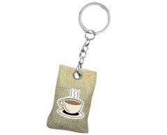 Liten kaffebønnepose nøkkelring med firmalogo trykt på (spesialsydd)