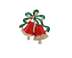 Røde juleklokker med grønt bånd og rhinstenbrosje