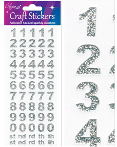 Sølvglitter nummer klistremerker 0-9 på ark