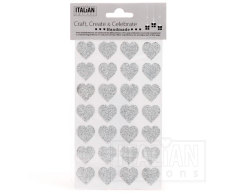 Glitter sølv hjerteklistremerker, 28 stk.