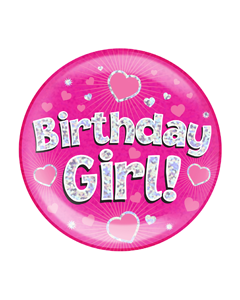 Birthday Girl! Kjempe rosa glitter badge med nål
