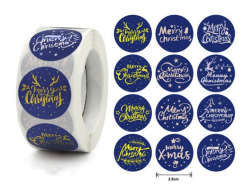 Blå juleklistremerker på rull, 12 design, god jul, 500 stk, 25mm